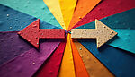 Two textured arrows, one red and one cream, point in opposite directions. They are resting on a backdrop made up of overlapping colors arranged in an umbrella-like pattern.