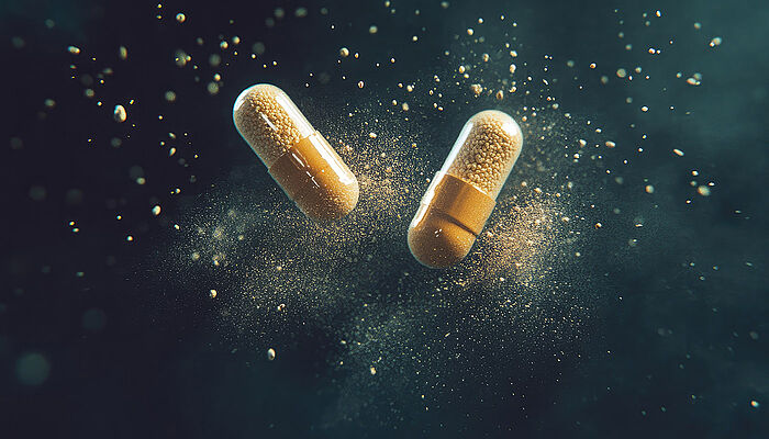 Opened capsule releasing golden medicine powder into the air against a dark, blurred background, symbolizing pharmaceutical innovation and wellness.