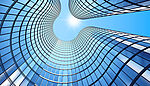 3D render of a modern glass building at sunrise, viewed from a low angle to emphasize height and perspective lines, with reflections creating a clean and structured aesthetic.