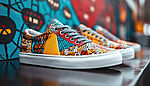 Colorful sneakers with bold red, blue and yellow patterns, featuring geometric designs, neatly displayed on a shelf.